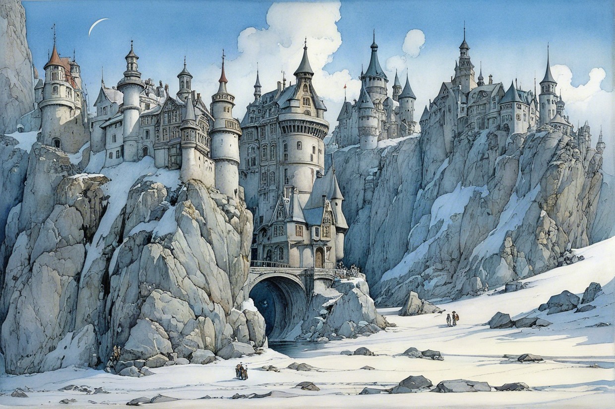 Majestic Castle Complex in Snowy Winter Landscape