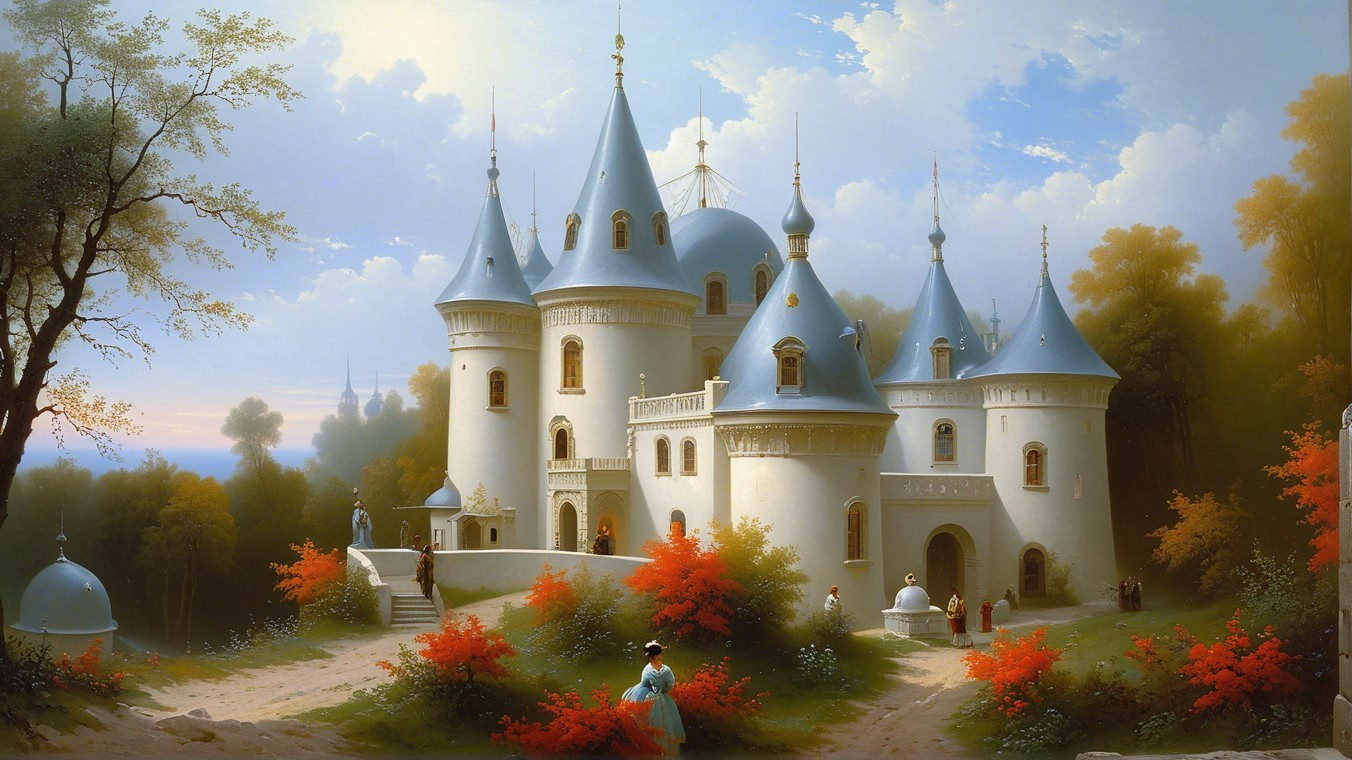 Whimsical castle surrounded by lush greenery and flowers