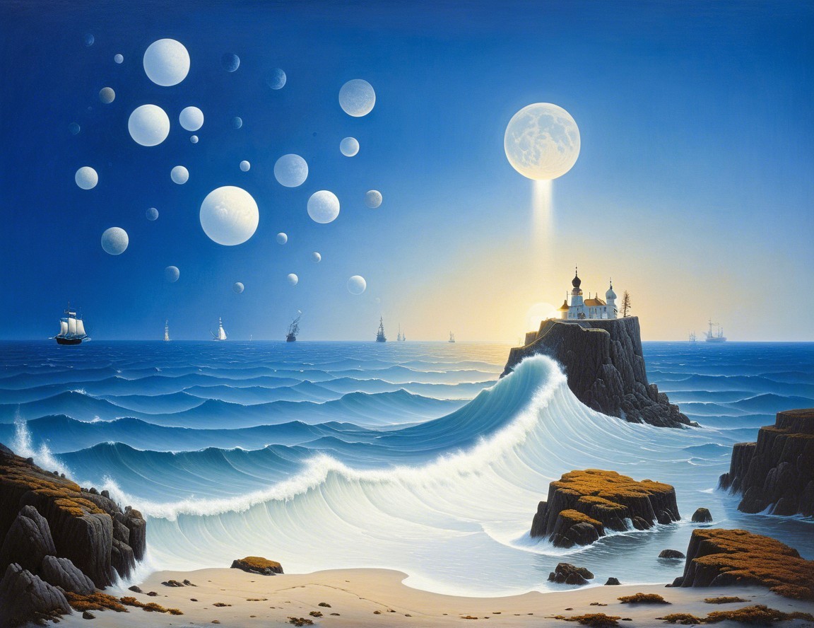 Serene Seascape with Castle and Dreamlike Elements
