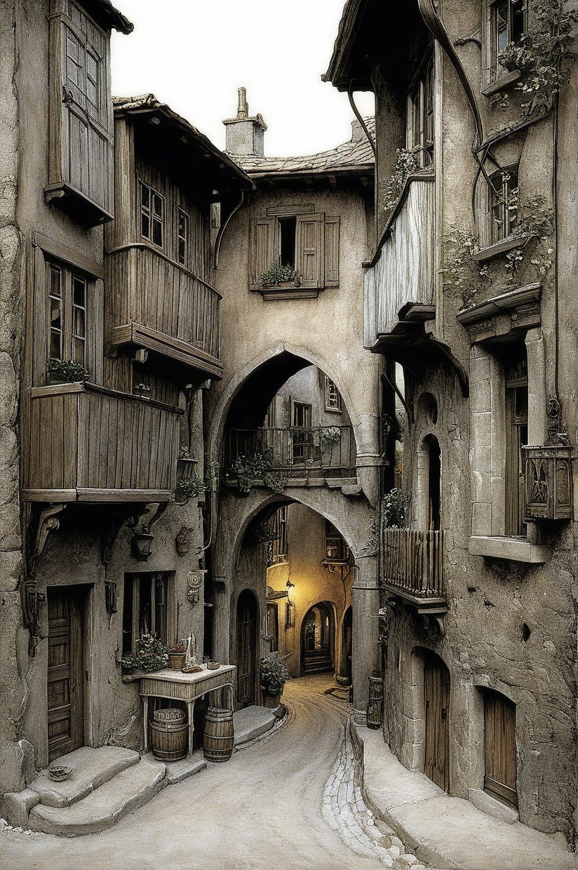 Narrow Cobblestone Street in an Old Village Scene