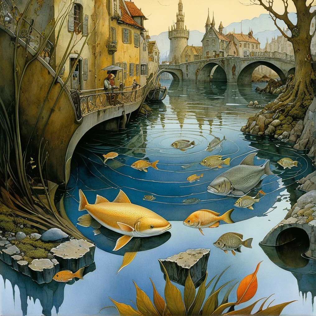 Serene village landscape with bridge over calm river