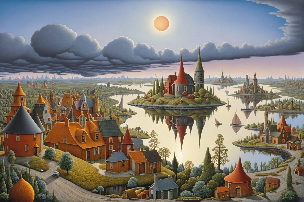 Vibrant Lake Landscape with Enchanting Village Scene