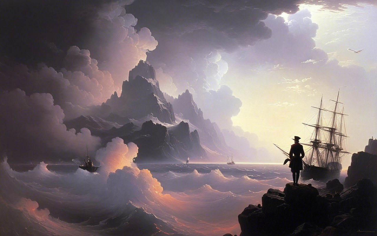 Dramatic Seascape with Mountains and Ship at Dusk