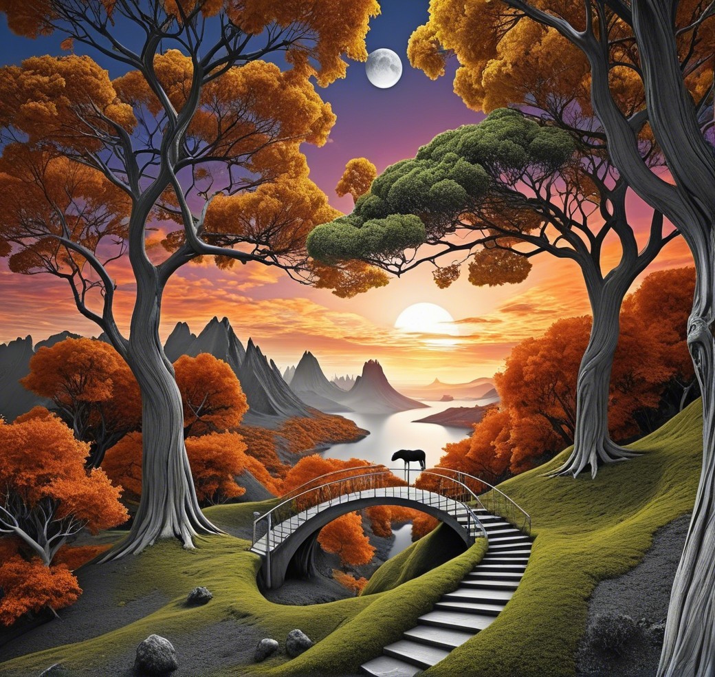 Surreal Landscape with Orange Trees and Sunset Lake