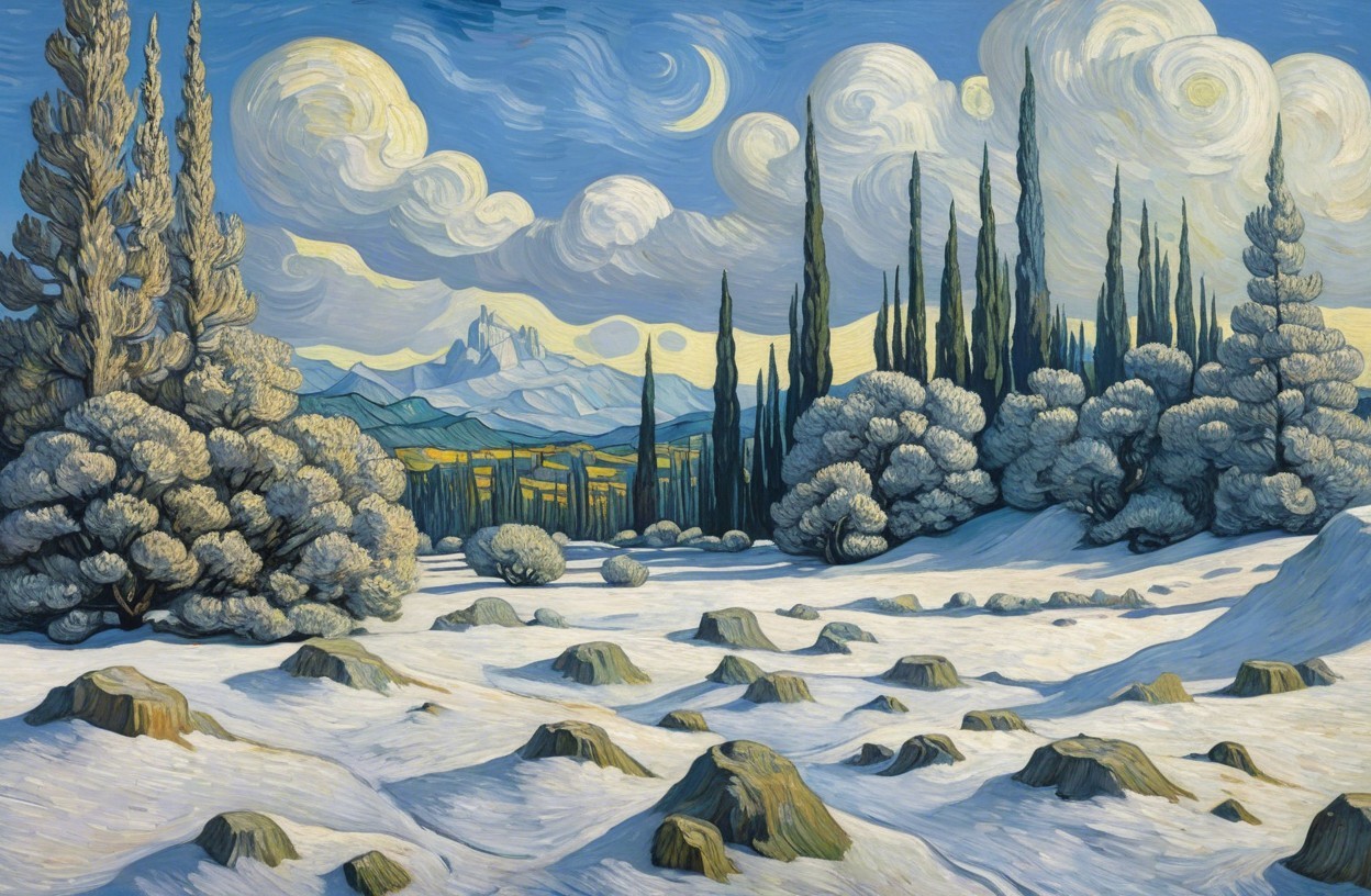 Serene Winter Landscape with Snowy Hills and Cypress Trees