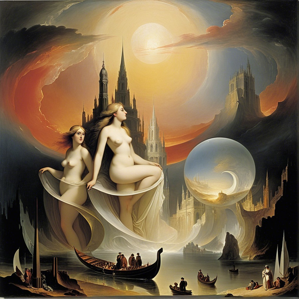 Surreal Landscape with Ethereal Figures and Castles