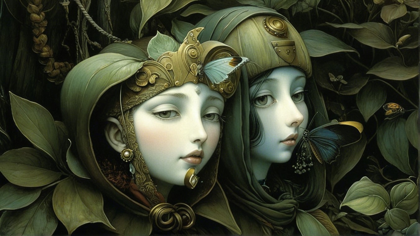 Ethereal Figures in Intricate Costumes Amid Nature