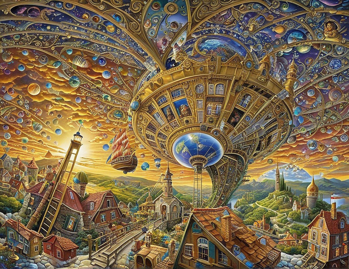 Fantastical Landscape with Sky Structure and Villages