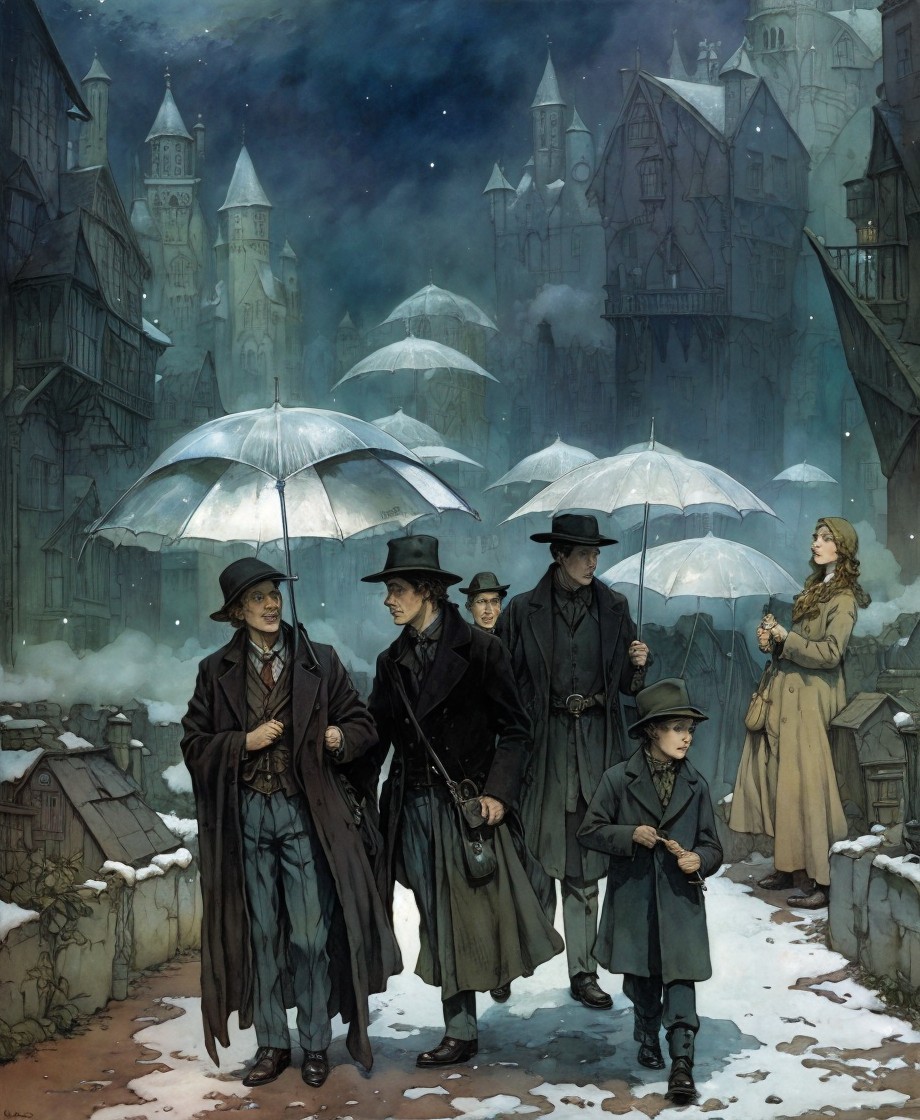 Victorian Street Scene in Snow with Elegant Figures