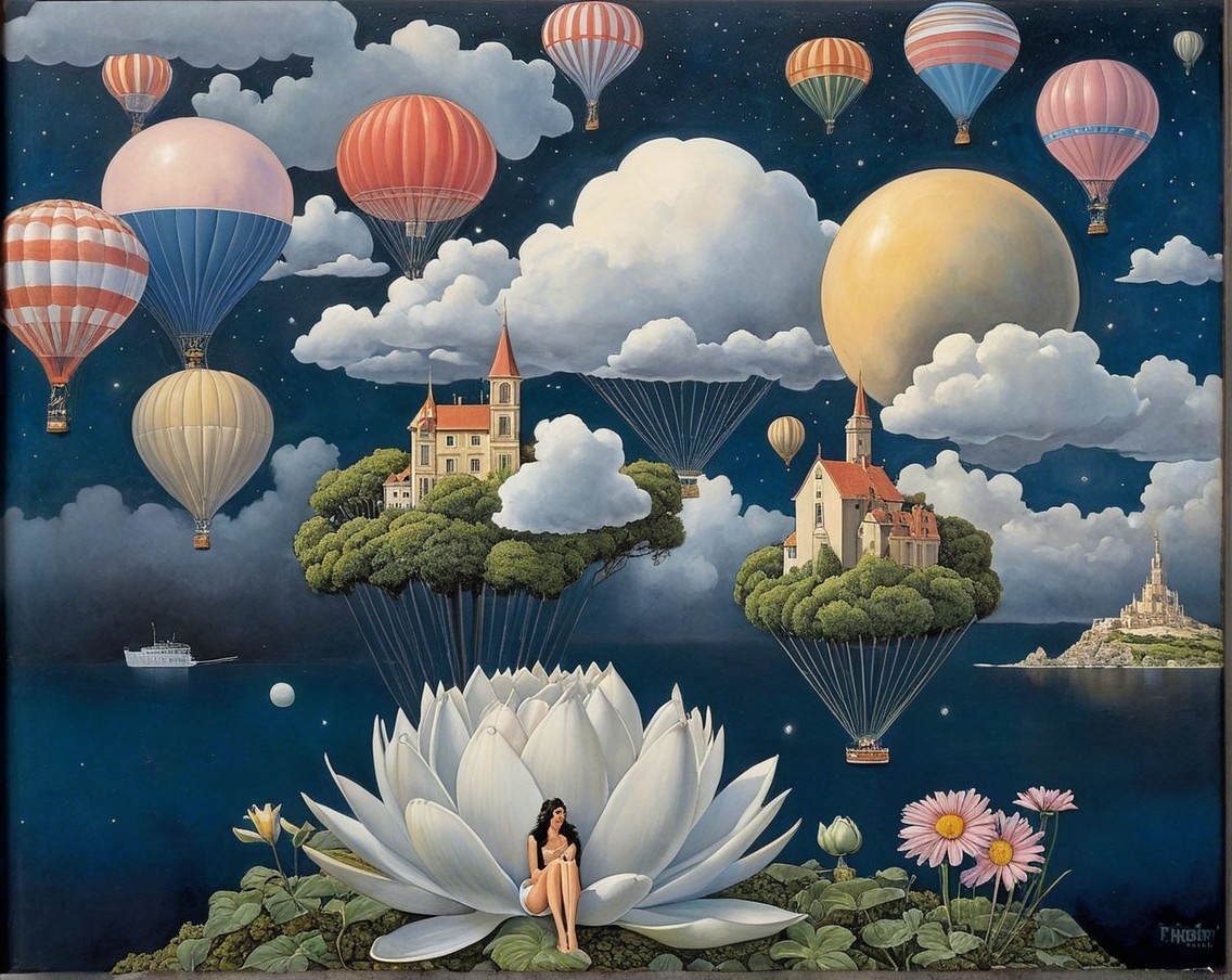 Surreal Landscape with Woman on Lotus and Balloons