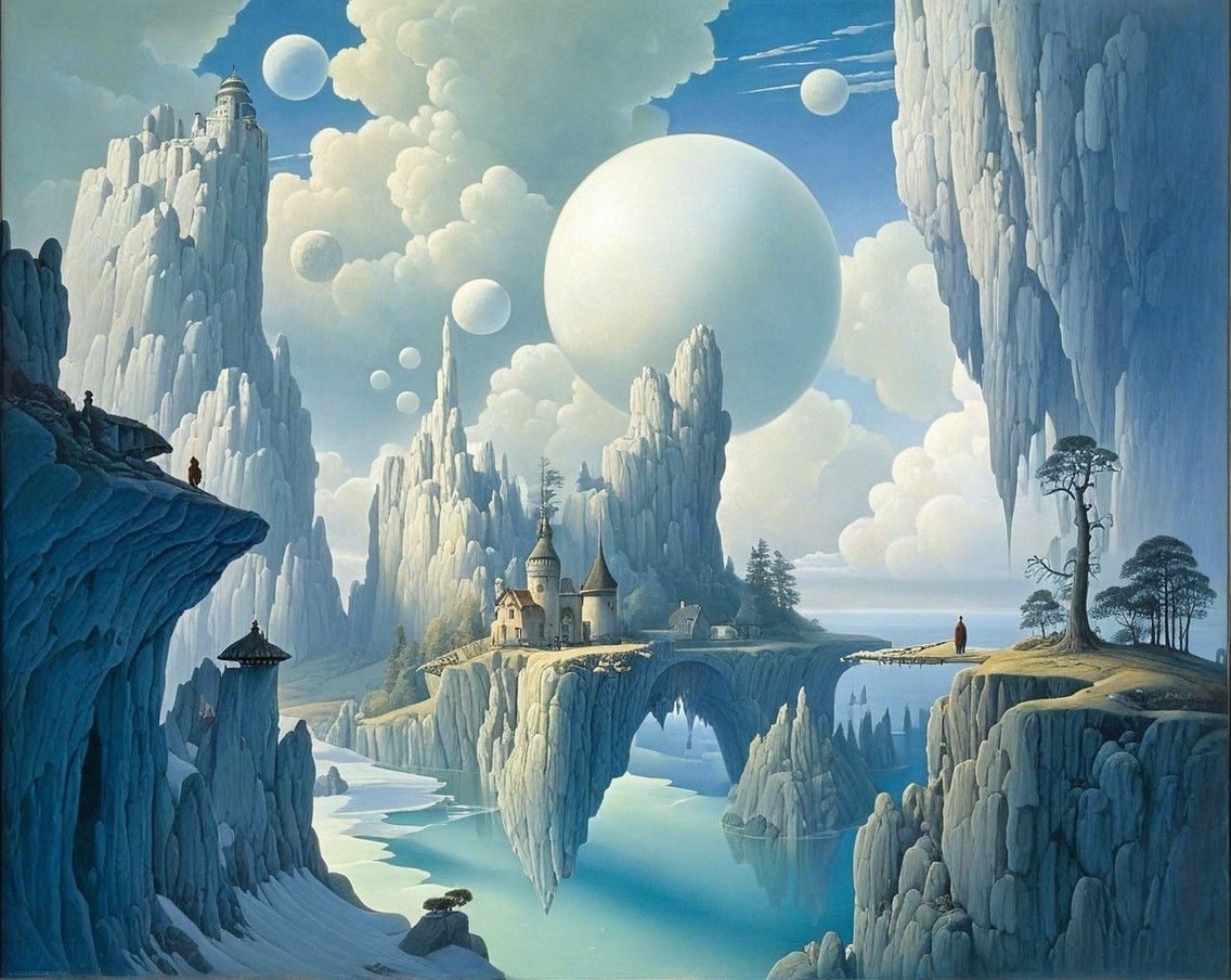 Surreal Landscape with Icy Cliffs and Floating Islands