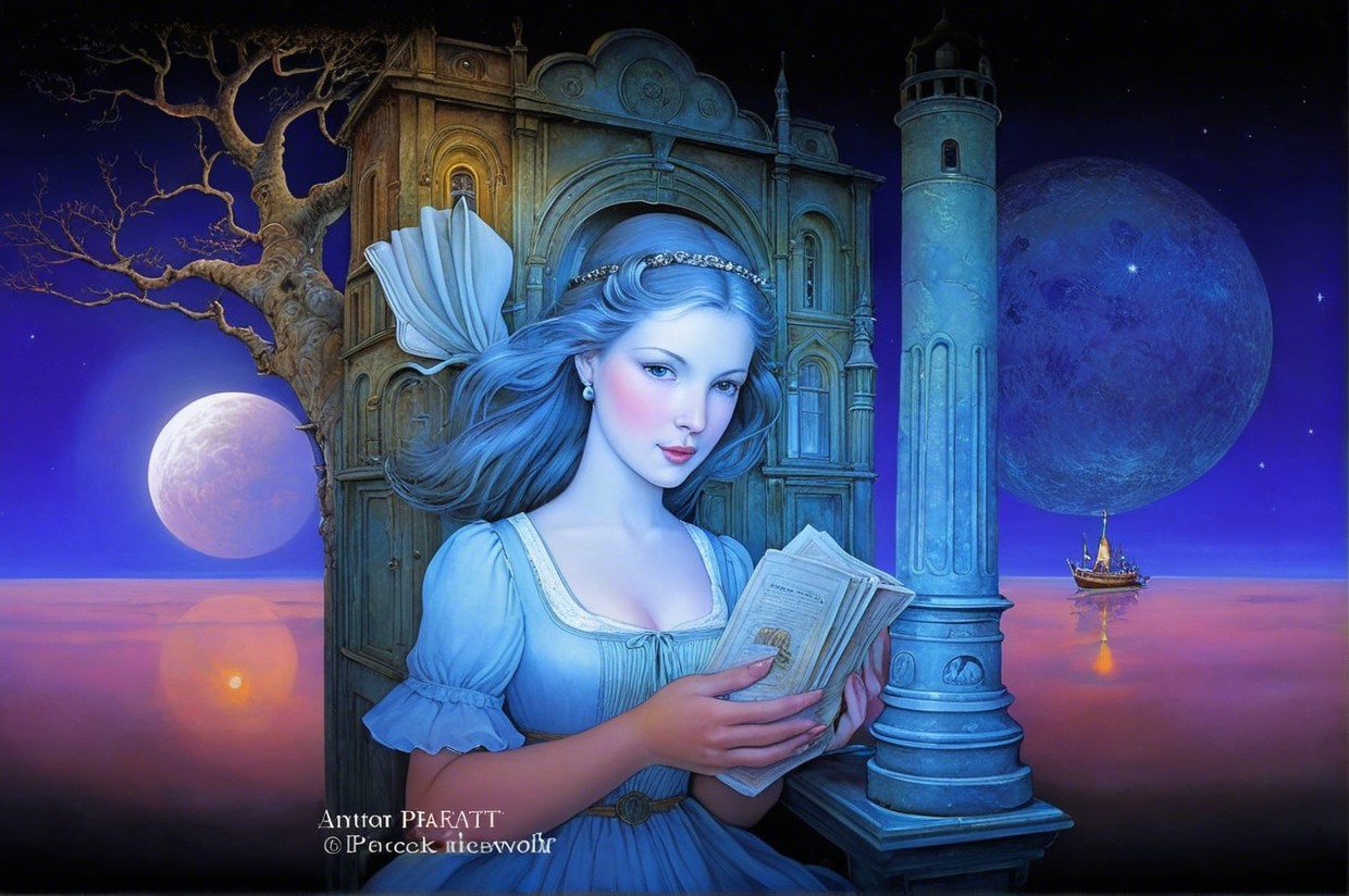 Serene Woman in Blue Gown Against Celestial Landscape