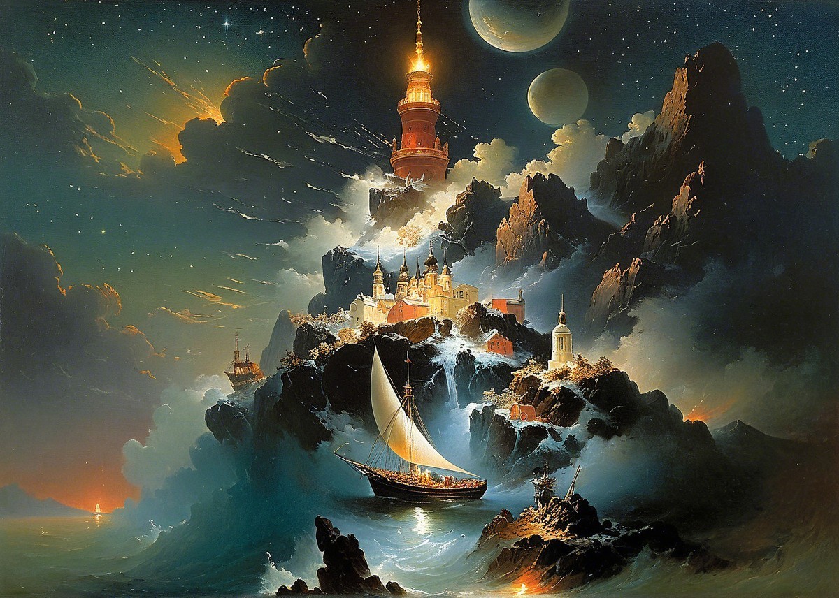 Dreamlike Landscape with Lighthouse and Sailboat