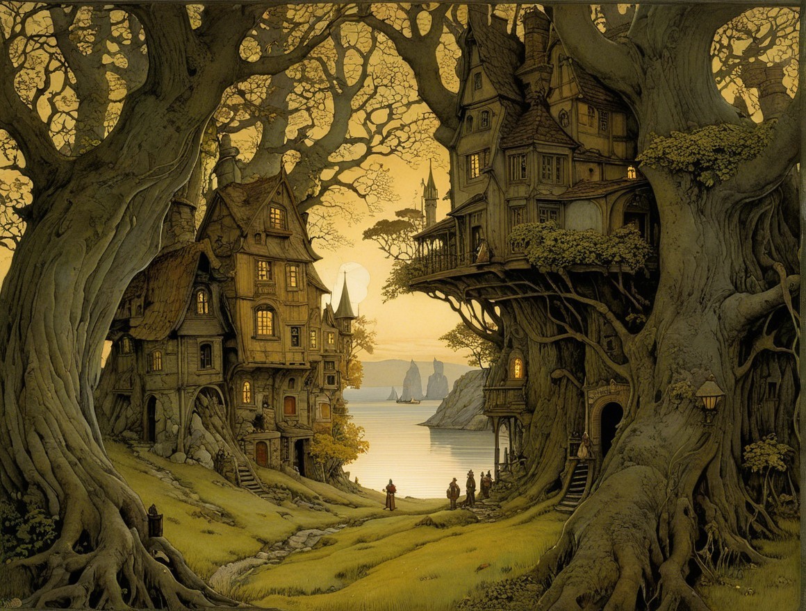 Whimsical Houses in a Serene Landscape at Dusk