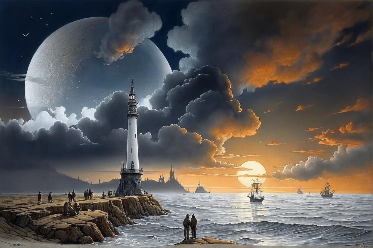 Twilight Lighthouse Scene with Moon and Sailing Ships