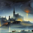 Twilight Coastal Village with Hot Air Balloons and Moon