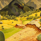 Surreal Landscape with Winding Path and Unique Structures
