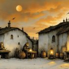 Serene winter village with glowing warm lights