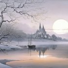 Tranquil Winter Lake Scene at Dusk with Moonlight