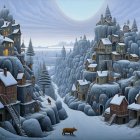 Moonlit Winter Landscape with Silhouetted Trees and Animals