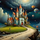 Whimsical Castle on Cliff with Hot Air Balloons