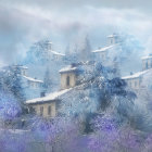 Serene winter landscape with a charming house and trees