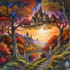 Surreal Landscape with Orange Trees and Sunset Lake
