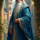 Wise Man in Blue Robe at Majestic Castle Archway