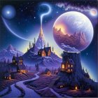 Mystical Nighttime Scene with Tower and Sailing Ship