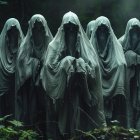 Hooded Stone Figures in Dimly Lit Environment