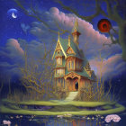 Whimsical Mansion on Rocky Shore at Twilight