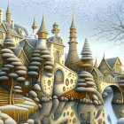 Whimsical Castle and Serene Lake in Grayscale Landscape