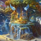 Magical Cliffside Village at Dusk with Fantasy Houses