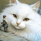 Majestic White Cat in Serene Landscape with Figures