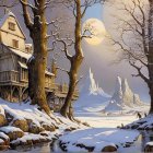 Winter Landscape with Snow-Covered House and Stream