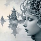 Surreal Landscape with Woman's Face and Geometric Shapes