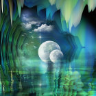Surreal Twilight Landscape with Moons and Ruins