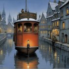 Charming Canal Scene with Red Boat and Snowy Rooftops