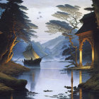Mystical Landscape with Pavilions and Moonlit Lake