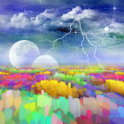 Whimsical Landscape with Colorful Hills and Castle