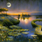 Serene Landscape with Hills, River, and Mountains