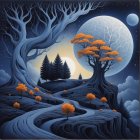 Gothic Mansion on Cliff with Twisted Trees and Moonlight