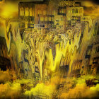 Fantastical landscape with floating city and mountains