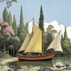 Historical Harbor Scene with Sailing Vessels and Spheres