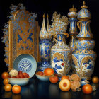 Intricate Still Life of Architectural Forms and Fruits
