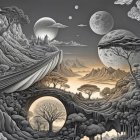 Monochromatic Fantasy Village with Surreal Landscape