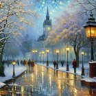 Surreal night sky with swirling stars, luminous buildings, lone figure, and large tree