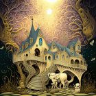 Surreal Village with Whimsical Trees and Hot Air Balloon