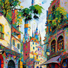 Whimsical Street Scene with Colorful Buildings and Balloons