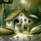 Whimsical House by Waterway in Dreamlike Landscape